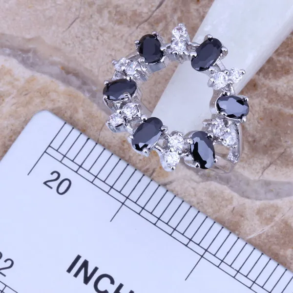 Terrific Black Cubic Zirconia White CZ Silver Plated Jewelry Sets Earrings Pendant Ring Size 6 / 7 / 8 / 9 / 10 / 11 / 12 S0145