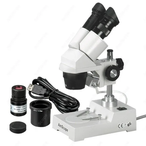 AmScope Binocular Stereo Microscope 5X-30X on Metal Pillar Stand+ Top Lighting, 1MP Digital Eyepiece Camera