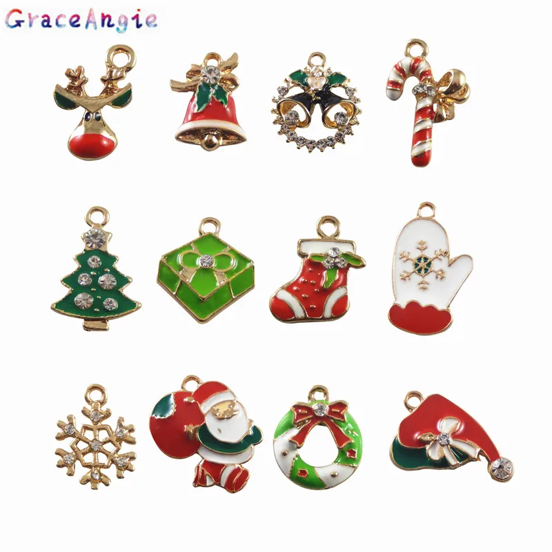 GraceAngie 12PCS Enamel Christmas Wholesale Mix Unique Xmas Pendants Snowflake Gift Jewelry Making Accessory