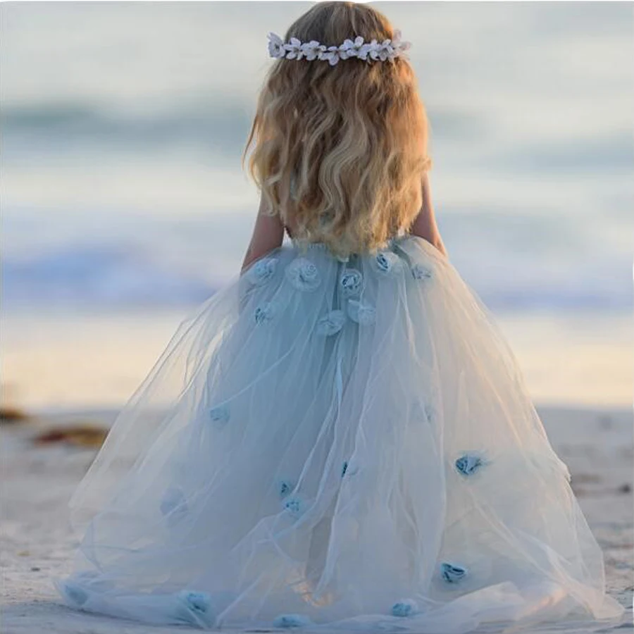 Robes à fleurs pour filles, robes de bal de première Communion personnalisées avec des Appliques en dentelle de haute qualité et des perles à