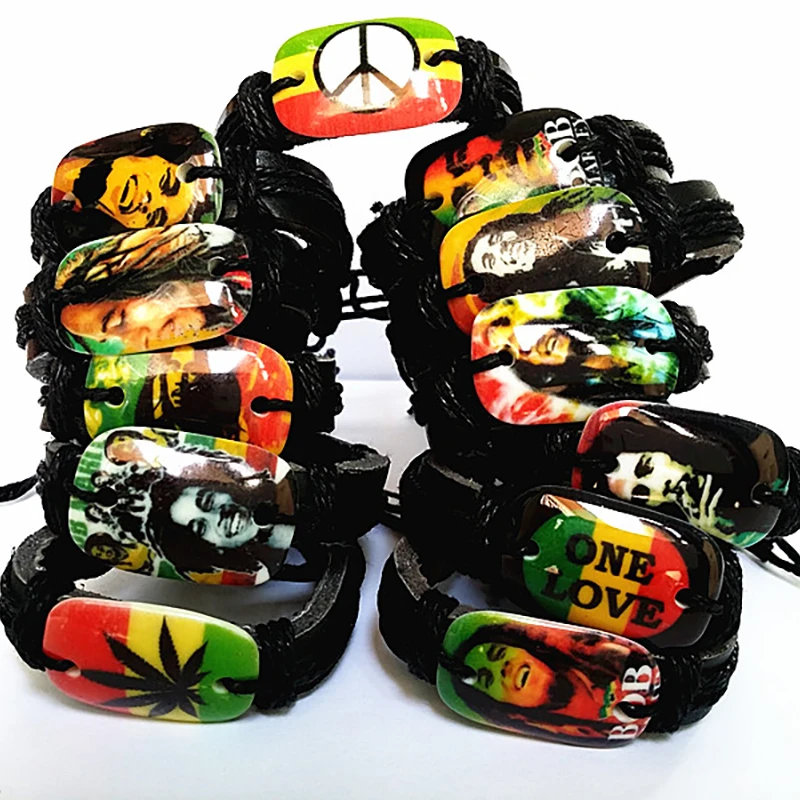 Brand New jewelry 12PCs different mixed black men\'s and women\'s Bob Marley Jamaica Reggae Rasta Leather Cuff Bracelets gifts