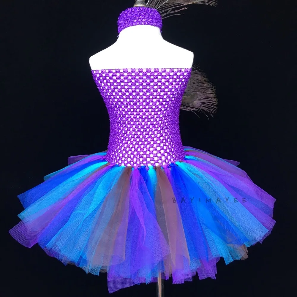 Girls Peacock Feather Tutu Dress Baby Crochet 2Layers Tulle Dress Ballet Tutu with Flower Headband Kids Custom Tutus Party Dress