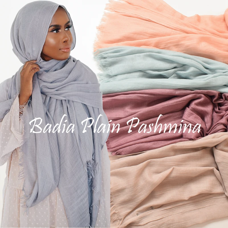 105*190cm One Piece High Quality Maxi Women Muslim Plain Frayed Scarf Shawls Wraps Headwear Solid Oversize Pashmina Hijabs