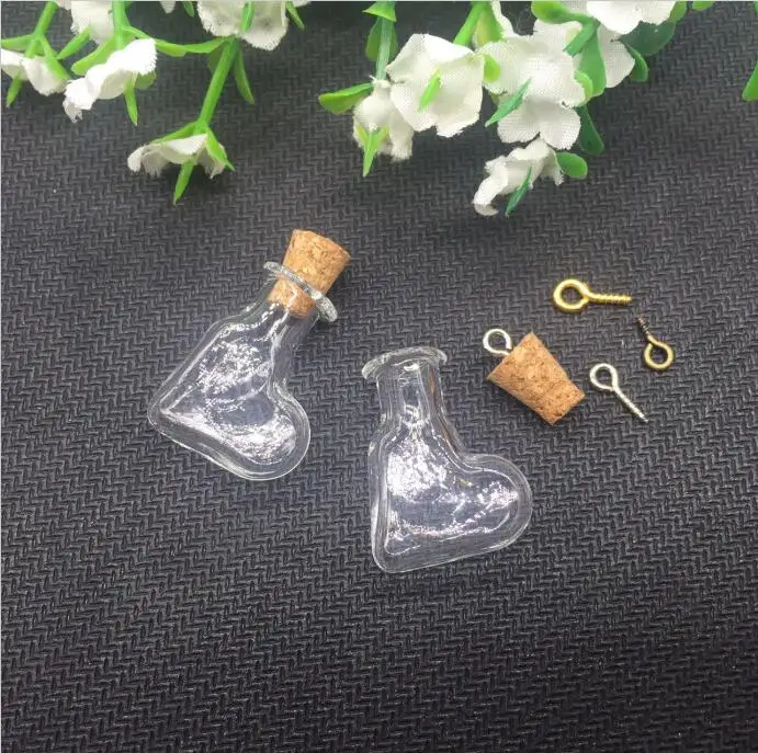 50sets/lot Mini transperant Cork Vial Glass hanging heart Wishing Wish Bottle sample Jars DIY Pendant Craft Jewelry findings