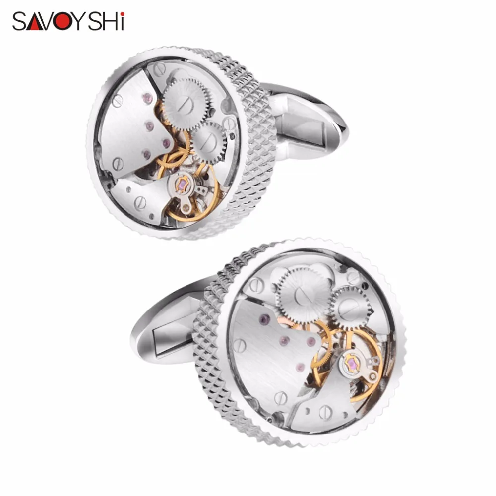 SAVOYSHI Mechanical Watch Movement Cufflinks for Mens Shirt Cuff button High Quality Silver color Round Cuff link Brand Jewelry