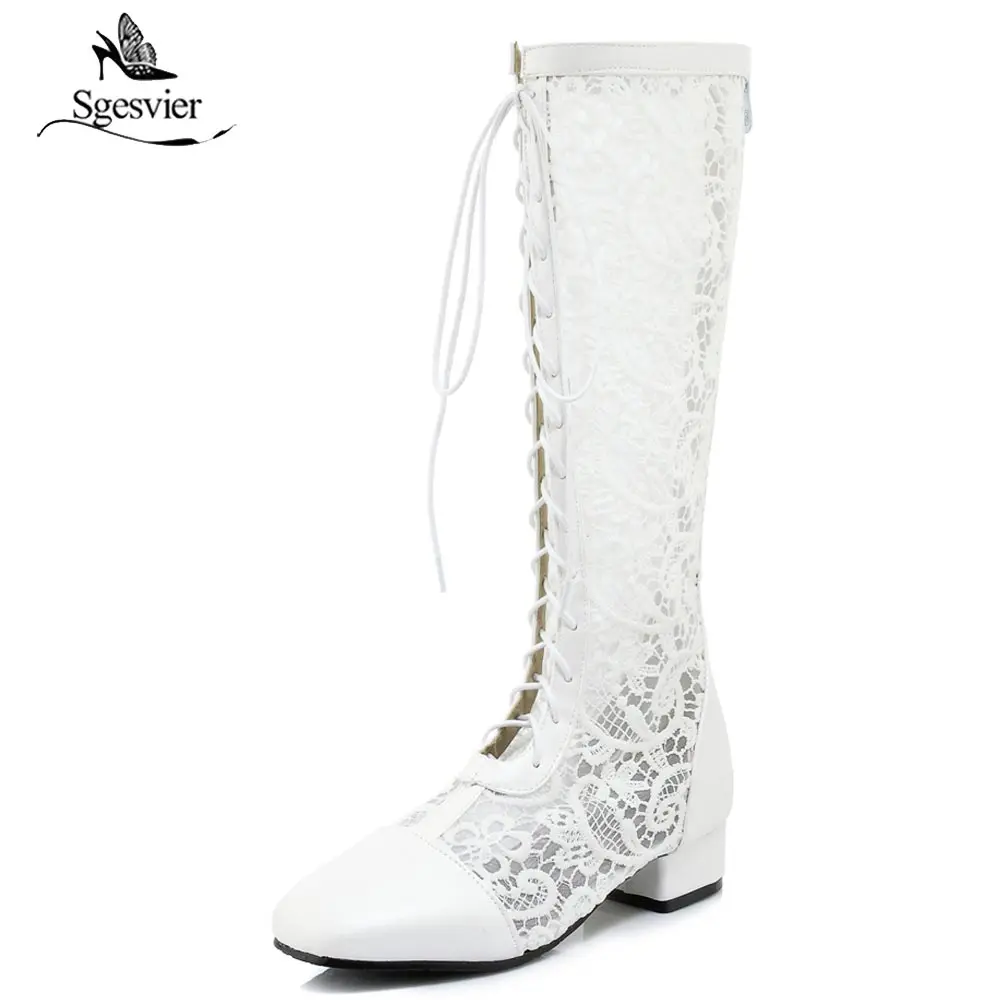 Sgesiver Fashion Lace Flower Women Sandals Thick Heel Square Toe Mid-calf Boots Female Footwear 2018 Summer Big Size 33-46 B529