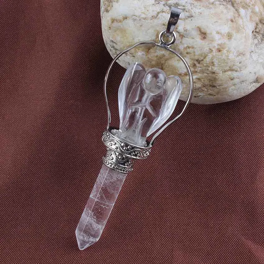 

Silver Plated Vintage Scepter Natural Pendulums Hexagon Column Rock Crystal Stone Carve Angel Pendulum Pendant Women Jewelry