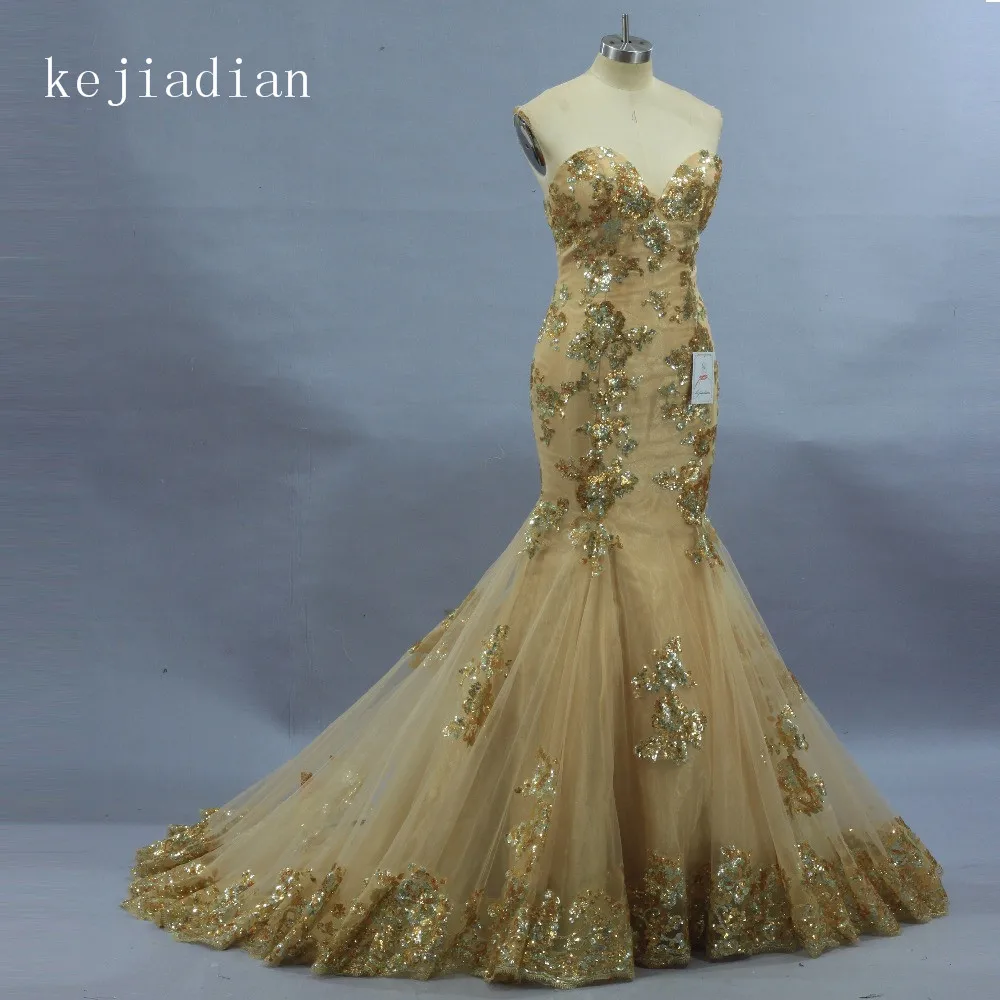 Vintage 2020 Gold Mermaid จริงโพโค Beading Lace Up ชุดแต่งงานชุดเจ้าสาวพลัสขนาด Vestido De Noiva