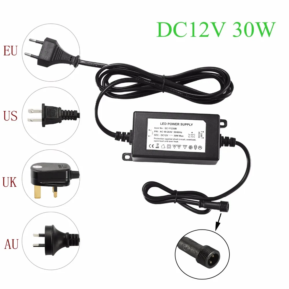 Driver de fonte de alimentação impermeável para transformador de luz LED, interior ou exterior, IP67, DC12V, 30W, UE, EUA, Reino Unido, AU Plug, 100