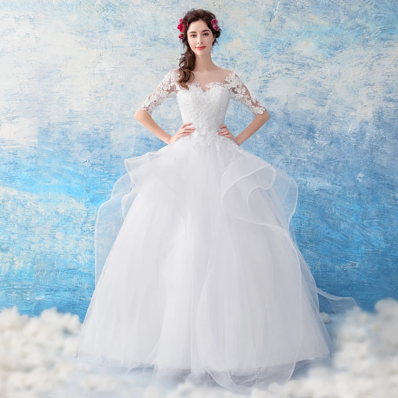 

Illusion Princess Ball Gown Wedding Dresses Scoop Neck Half Sleeves Appliques Puffy Bridal Gowns Robe De Mariee Simple Dresses