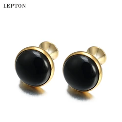 Low-key Luxury Black Onyx Cufflinks for Mens Business Lepton High Quality Gold Color Round Onyx Stone Cuff links Relojes gemelos