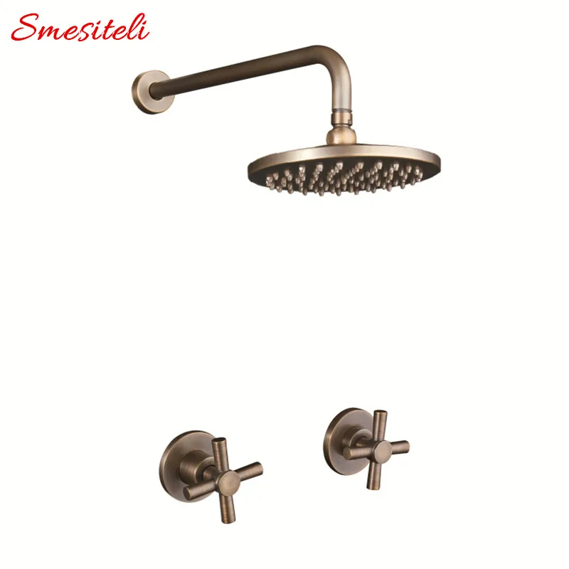 Antique 100% Brass Vintage Old 8 Inch Round Rainfall Shower Head + 400mm Wall Arm Set With Mixer Taps Concealed Bathroom Set