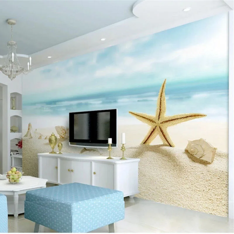 

Wallpaper 3d Mural For Living Room Green Beach Shells And Starfish Custom Wall Mural Modern Art Painting High Quality Mural