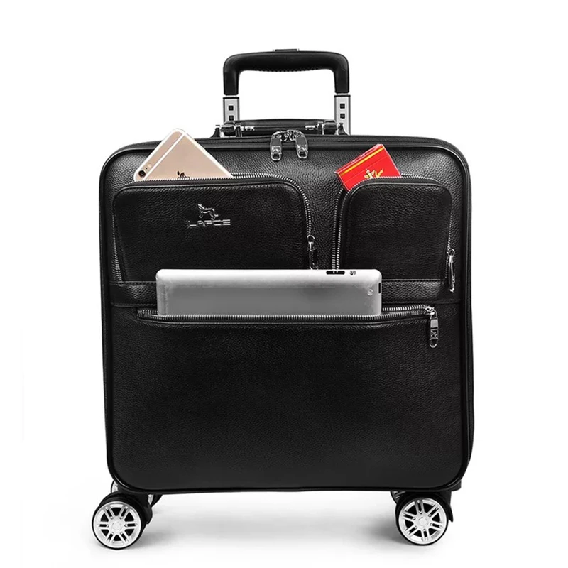 Fashion genuine leather rolling luggage spinner carry on high quality travel suitcase business men women trolley case