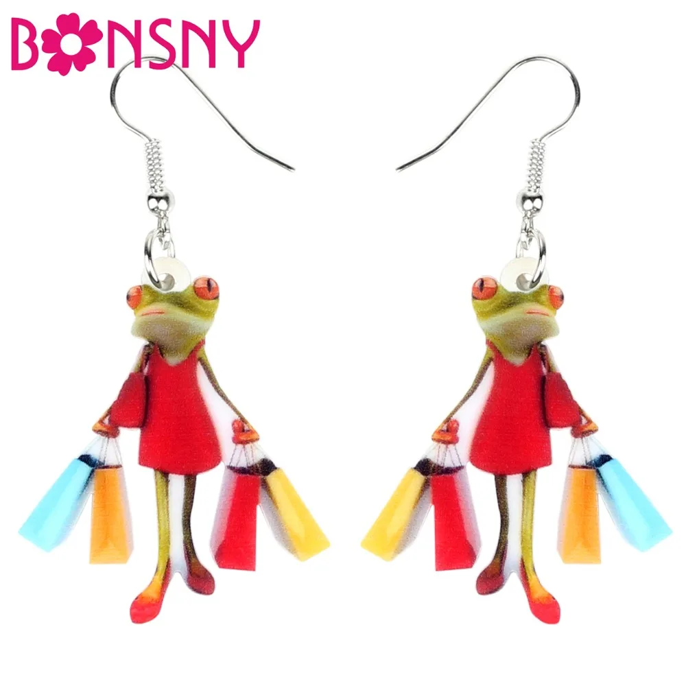 Bonsny Acrylic Shopping Lady Frog Earrings Drop Dangle Novelty Animal Jewelry For Women Girls Ladies Accessories Original Gift