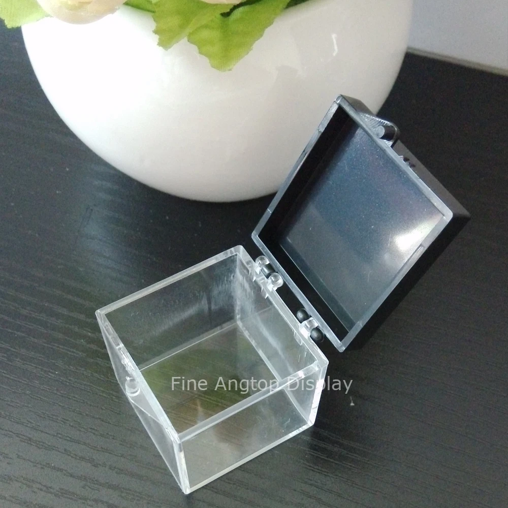 10pcs/lot 3.4x3.4x3.4cm clear and black plastic hinged mineral box jewelry beads rings box storage display case