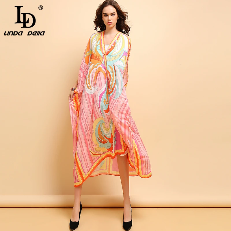 LD LINDA DELLA Fashion Summer 5XL Plus Size Dress Women's Sexy V-Neck Striped Printed Bohemian Holiday Loose Maxi Dresses 2021