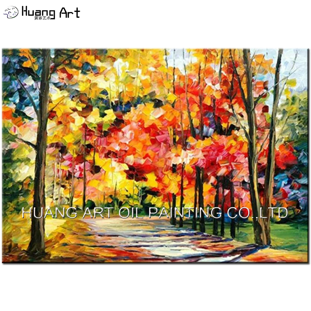 Hand Painted Modern Knife Tree Road Landscape Oil Painting on Canvas Autumn Scenery Painting for Living Room Wall Decor Art