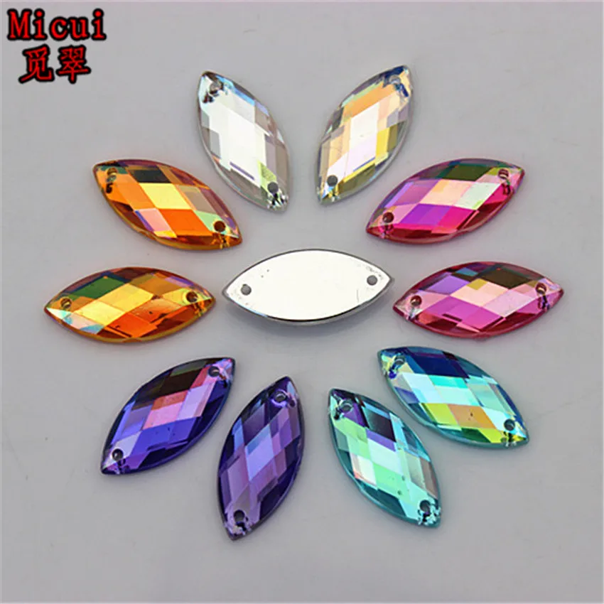 Micui 100PCS 9*20mm AB Color Acrylic Rhinestones Sew On Crystal Flatback Horse Eye Gems Stones For Clothes Dress Crafts ZZ329