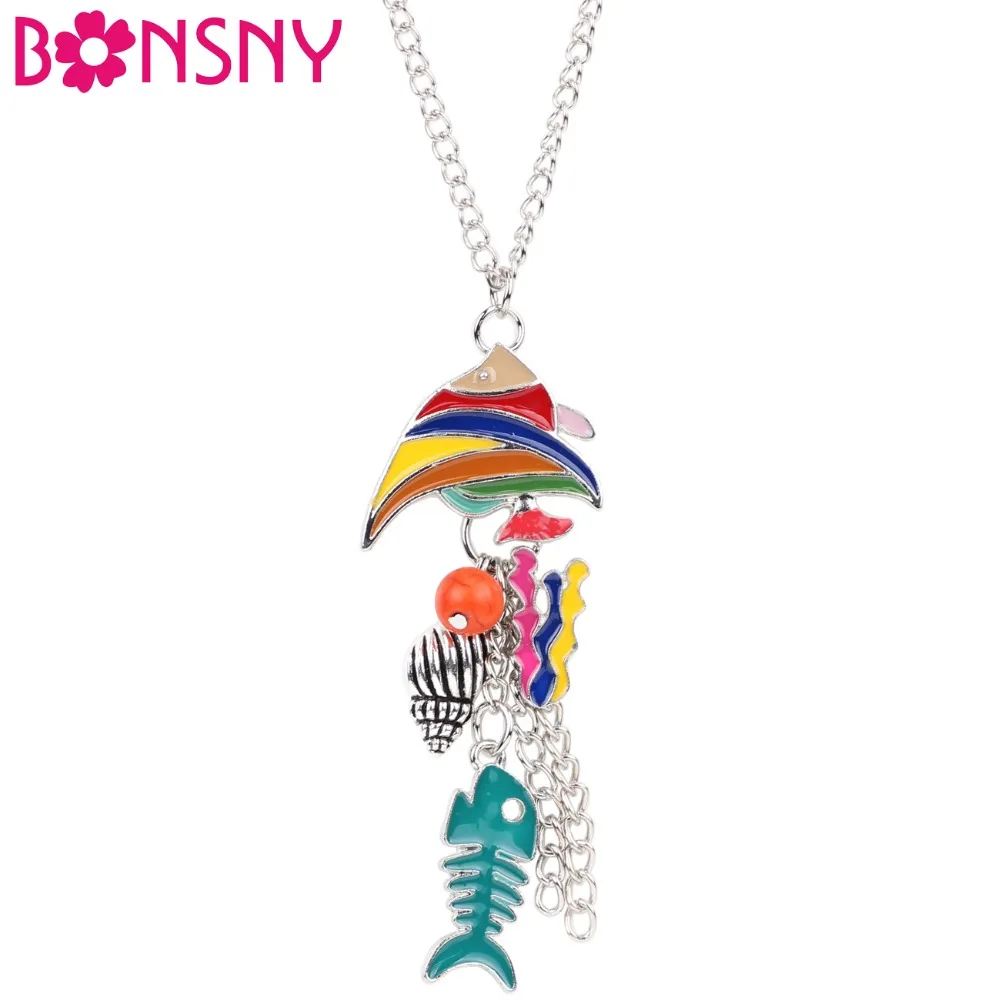 

Bonsny Enamel Sea Fish Conch Maxi Necklace Pendants Statement Choker Chain Collar 2017 New Fashion Jewelry For Women Bijoux Gift