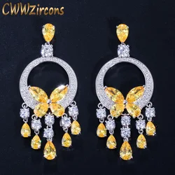 CWWZircons Quality Long Big CZ Stone Yellow Crystal Tassel Drop Earrings for Women Fashion Statement Wedding Party Jewelry CZ034