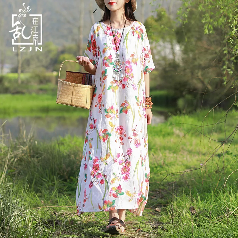 LZJN-Women's Short Sleeve Floral Maxi Shirt Dress, Ladies Summer Beach Dress, Women Robe, Mori Girl Long Tunic, Plus Size, 2025