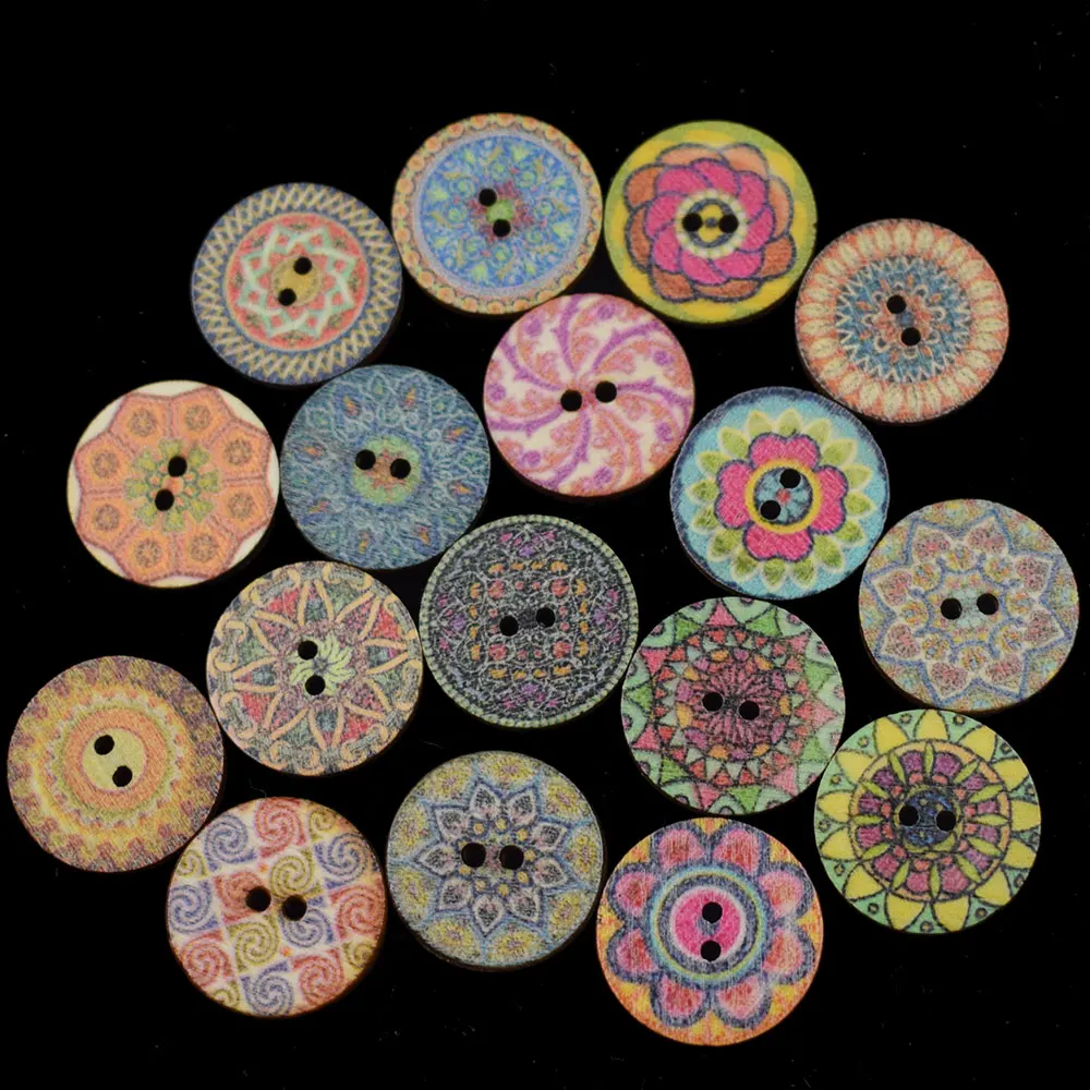 

100PCS Mixed Vintage Colorful Flowers Wood Buttons Scrapbooking Sewing Craft 20MM Random Mixed Handmade Clothes Decor Button