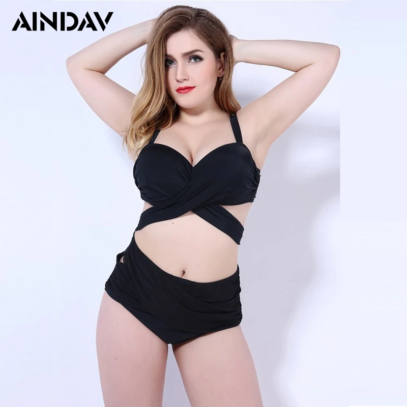 

Cross Strap Bikini Set Plus Size Solid Swimwear Women Ruffle Bikinis Swimming High Waist Bathing Suit Large Brazilian Biquini