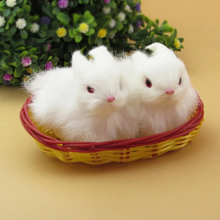 about 12x7cm simulation white rabbit fur model two rabbits with one basket, ornament scene layout prop decoration gift h1264