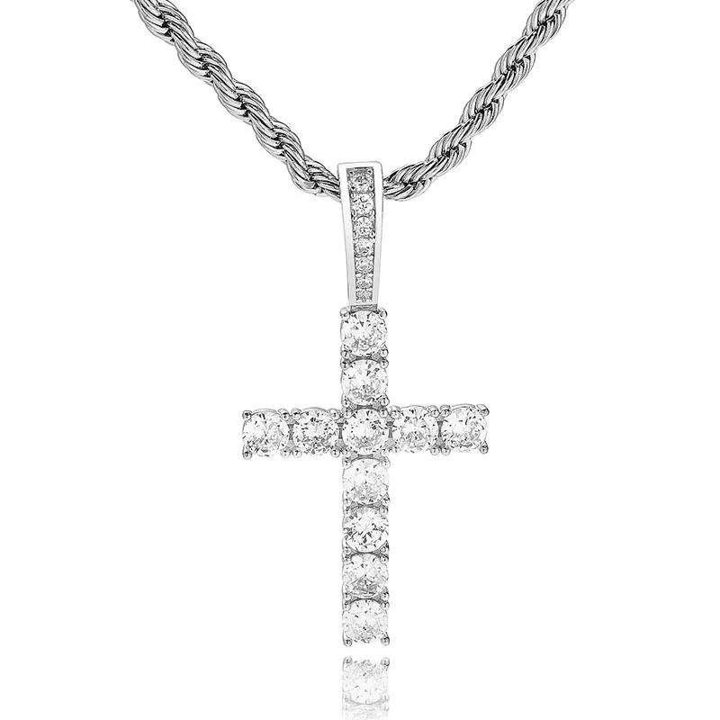 S925 Sterling Silver Prong Setting AAA CZ Stone Bling Ice Out Cross  Pendants Necklaces Women Men Hip Hop Rapper Jewelry