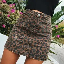 Faldas con estampado de leopardo rasgadas para mujer, Minifalda vaquera Sexy de cintura alta, ropa de calle, moda 2022