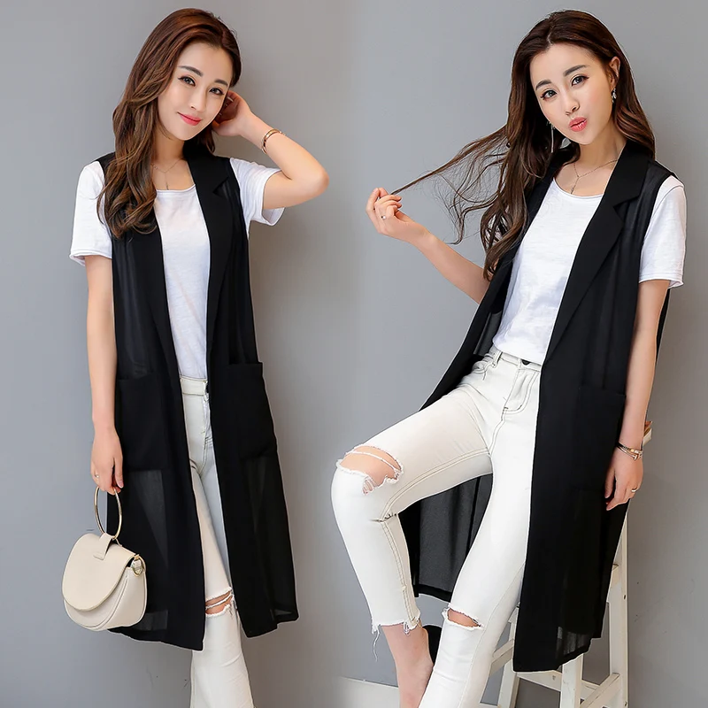 Extra Large Thin Chiffon Sleeveless Vest Female Summer Long Casual Loose Jacket Female Spring New Black Slim Vest Jacket S-3XL