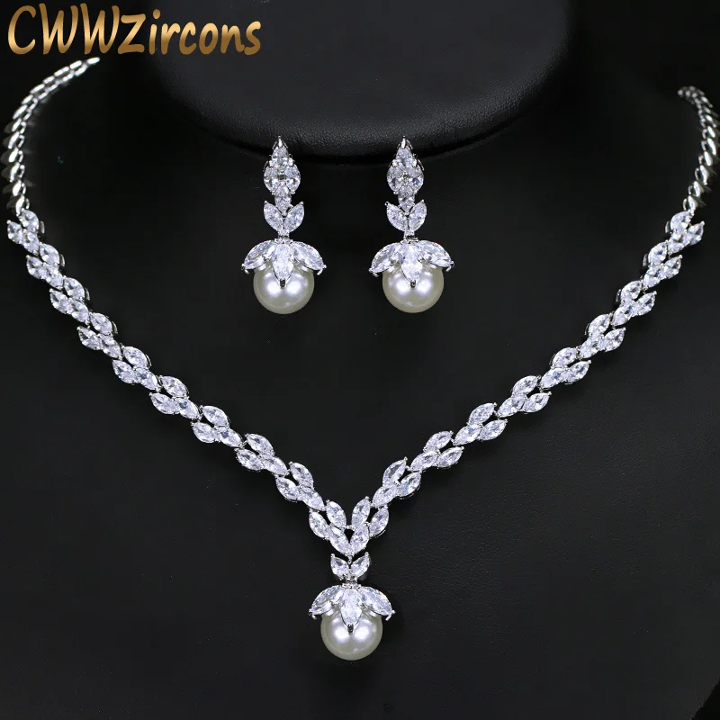 CWWZircons Gorgeous Cubic Zirconia Bridal Pearl Necklace Earrings Sets for Women Wedding Party Costume Jewelry Gift T092