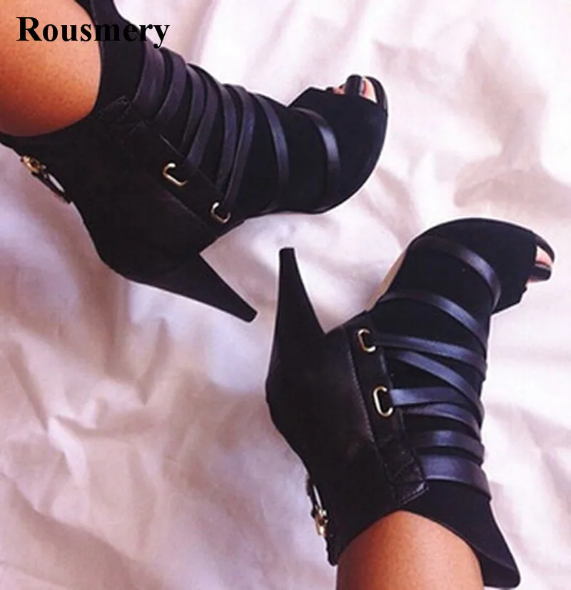 

Women Open Toe Black Suede Leather Lace-up Ankle High Heel Boots Back Zipper-up Short Boots Cut-out Boots