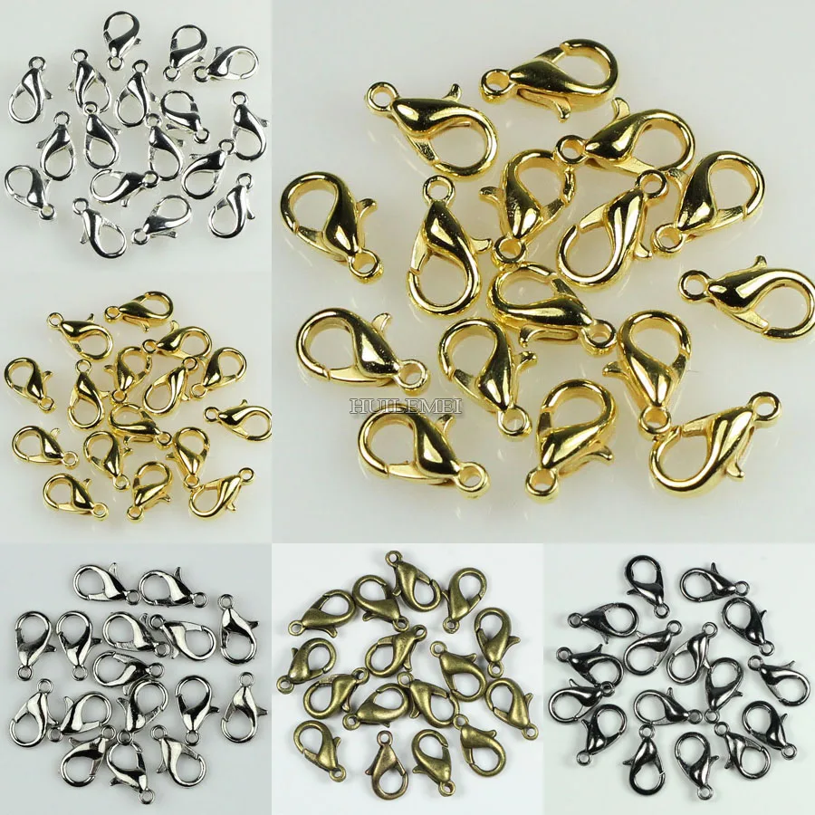 

100pcs/lot 10/12/14mm Metal Lobster Clasps Gold/Silver/Bronze/Rhodium Color Lobster Clasps Hooks DIY Jewelry Making Findings