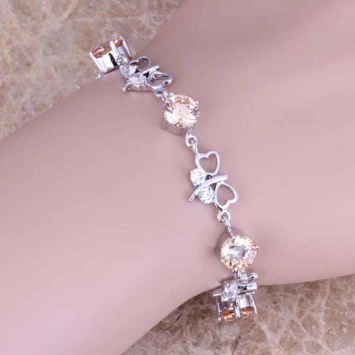 Champagne Morganite White CZ Silver Plated Link Chain Butterfly Bracelet 7 - 8 inch S0611