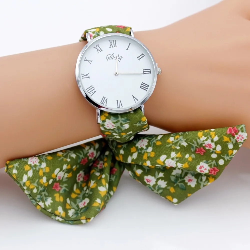 Shsby reloj de pulsera de tela de flores para mujer, reloj de vestir de plata romana, reloj de tela de alta calidad, reloj de pulsera para niñas