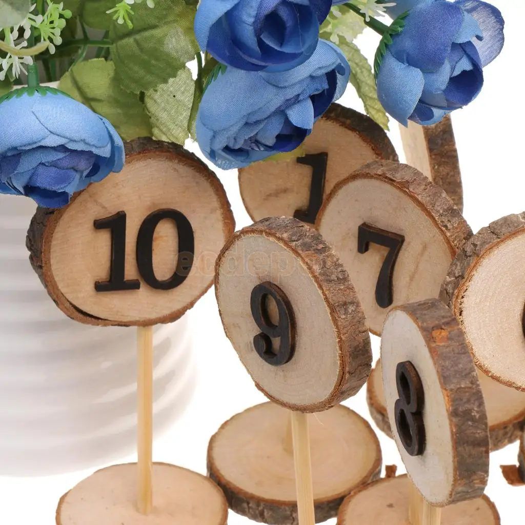 Rustic Wooden 1-10 Table Numbers Place Numbers Log Slices Stick Stand Wedding Birthday Party Baby Shower Decor