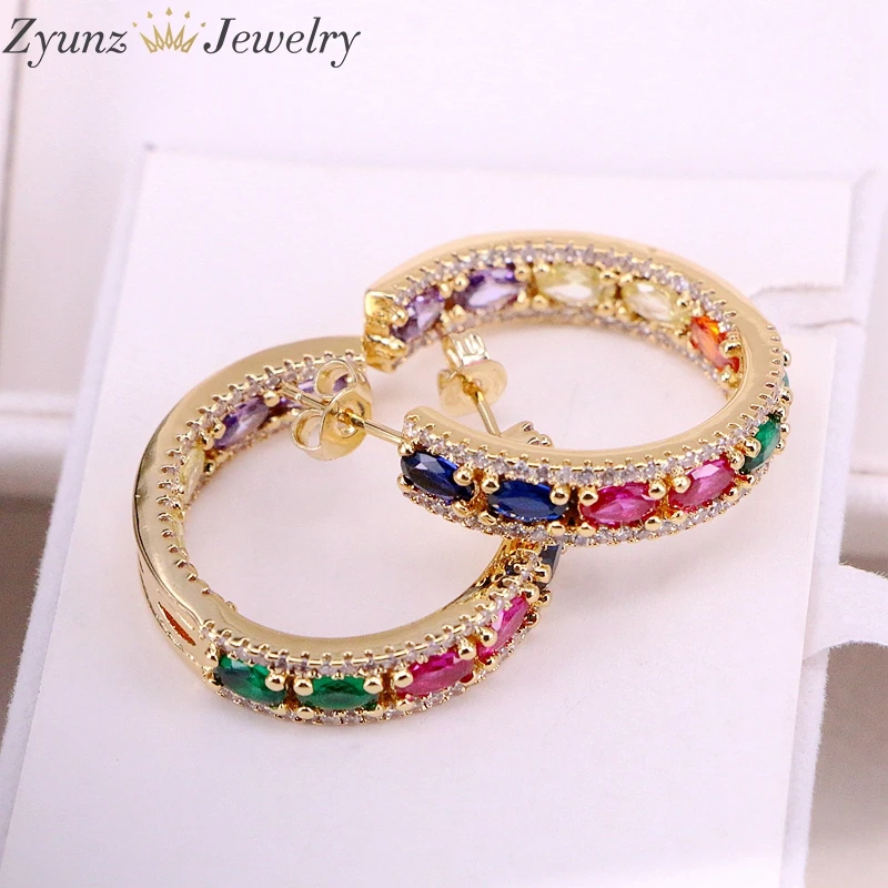 

4Pairs, Rainbow Earrings Studs 2019 Colorful Jewelry Gold Fashion CZ Party Earrings Circle Crystal Zirconia Trendy for Women