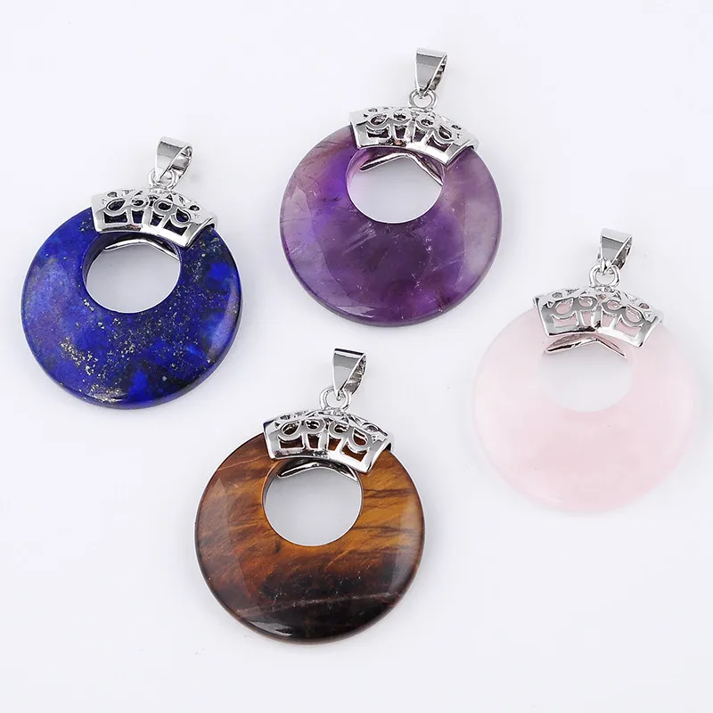 New 1Pc Silver Plated Natural Tiger Eye stone Purple Amethysts Round Hollow Shape Retro Pendant for Necklaces Fashion Jewelry