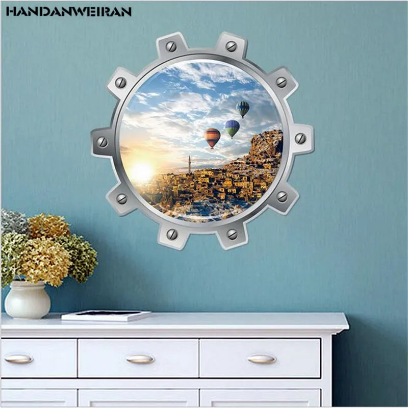 1PCS 3d Vivid Submarine Porthole Wall Stickers Scenic Ocean City Refrigerator Bathroom Home Decoration  Mural Art Pvc Decal