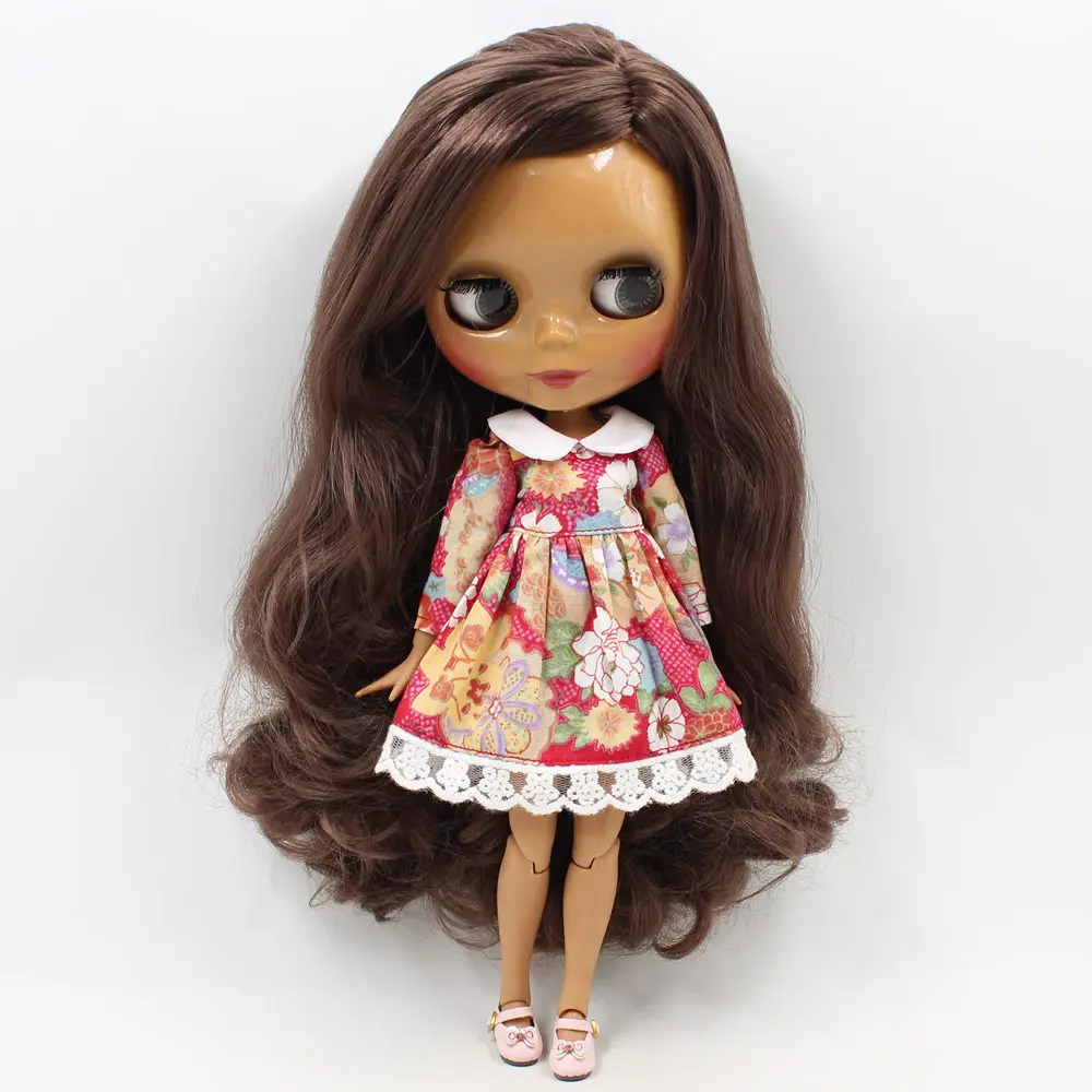 ICY DBS Blyth doll 1/6 bjd joint body BL0222 Dark brown long curly hair without bangs dark skin for girl toy DIY