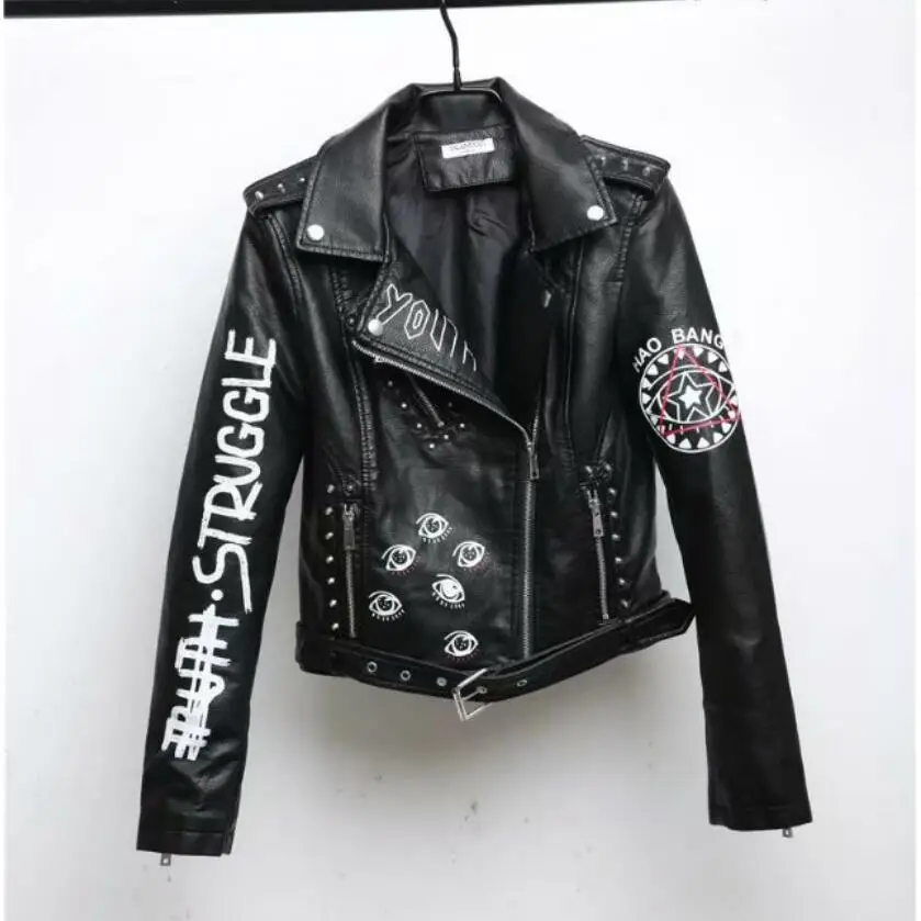 2019 New Women Autumn Winter Faux Soft Leather Jackets Coats Lady Black PU Rivet Zipper Epaulet 3D print Motorcycle Streetwear