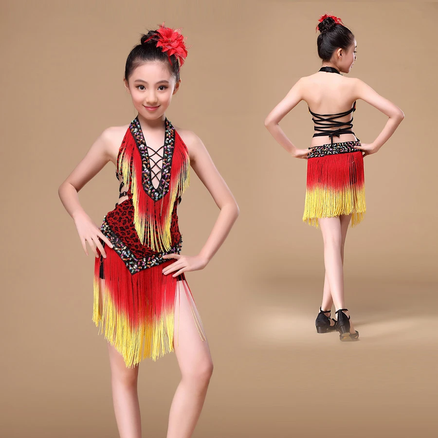 8-15 Years Performance Children Dance Outfit V-neck with Beads Backless Tassel Fringe Competition Latin Dance Dress for Girls