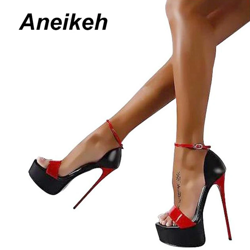 Aneikeh 2024 Fashion PU Platform Super High Heels Women\'s Open Toe Cover Heel Buckle Strap Thin Heels Sandals Party Pole Dance