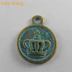 Julie Wang 20pcs Antique Bronze Green Crown Coin Charm Pendant Alloy DIY Bracelet Necklace Jewelry Making Metal Accessories