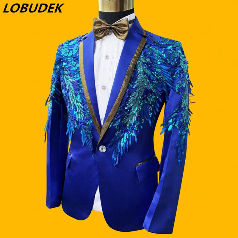 

New Design Blue Sequins Blazer 2 Pieces Tuxedo Men's Suit Fashion Stage Singer Chorus Costume Host Clothing Wedding Groom Suits