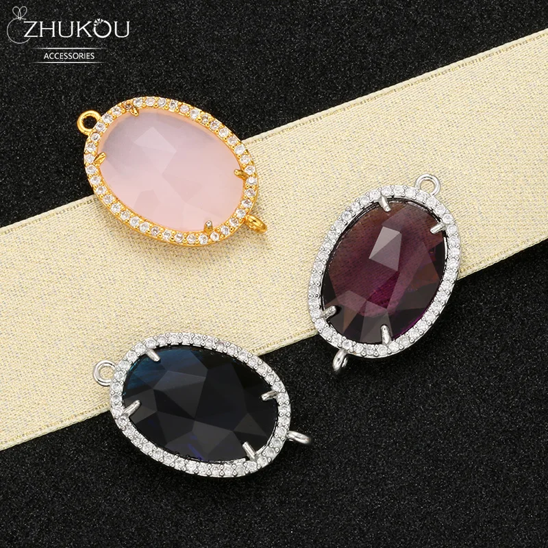 ZHUKOU 16x27mm Brass Cubic Zirconia Crystal Connectors accessories for Necklace jewelry making Handmade jewelry findings VS340