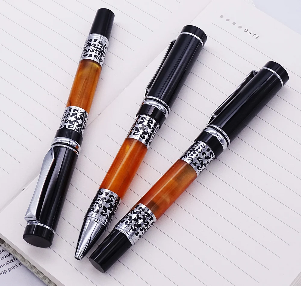 

3PCS Set Yiren Celluloid Fountain Pen Roller Pen and Ballpoint Pen Beautiful Silver Flower Pattern for Business Office School