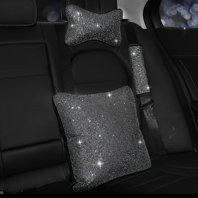 Rhinestones Crystal Car Seat belt cover pad Neck pillow Waist Support Steering wheel cover Auto Interior accessories Kit Set